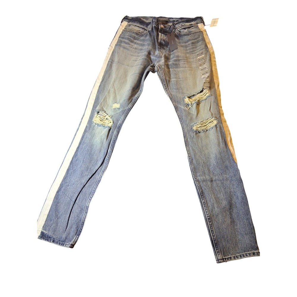 PacSun Mens Stacked Skinny Distressed Jeans Medium Indigo Side Stripe 32x30 NEW